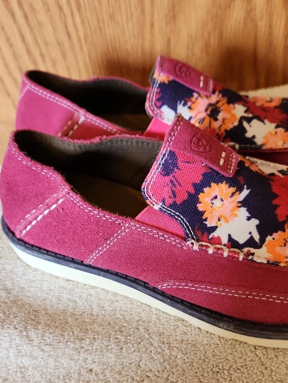Ariat Pink Suede Floral Slip-On Moccasins